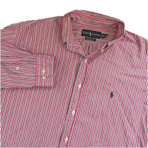 VTG Polo Ralph Lauren Mens Large Button Up Pink White Preppy Striped Shirt Pony